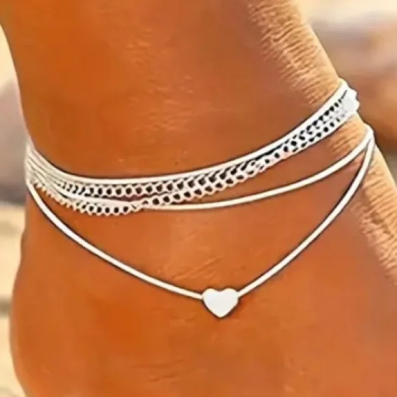 Layered Wrap Around Heart Anklet Silver Tone White NEW - Picture 4 of 8